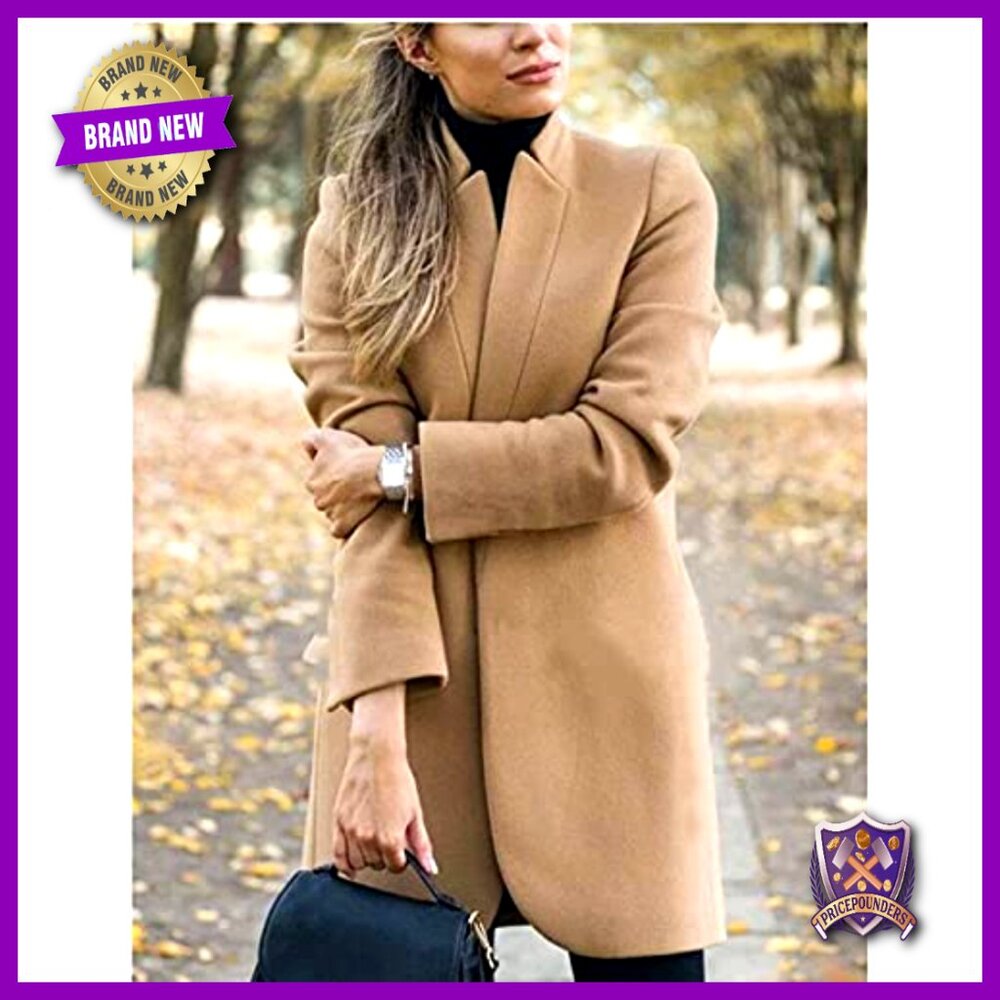 Stand Collar Open Front Pea Coat Mid Long Trench Blazer Elegant Winter Outerwear - Picture 3 of 7